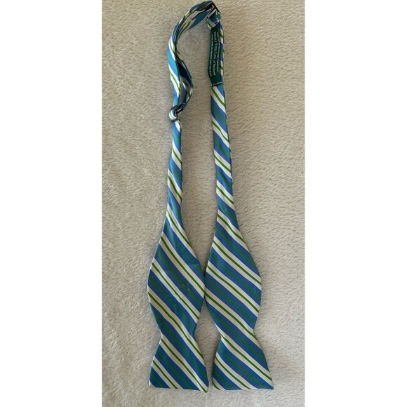 Beau Ties Of Vermont Blue White Green Stripe Silk Bow tie - Picture 1 of 3